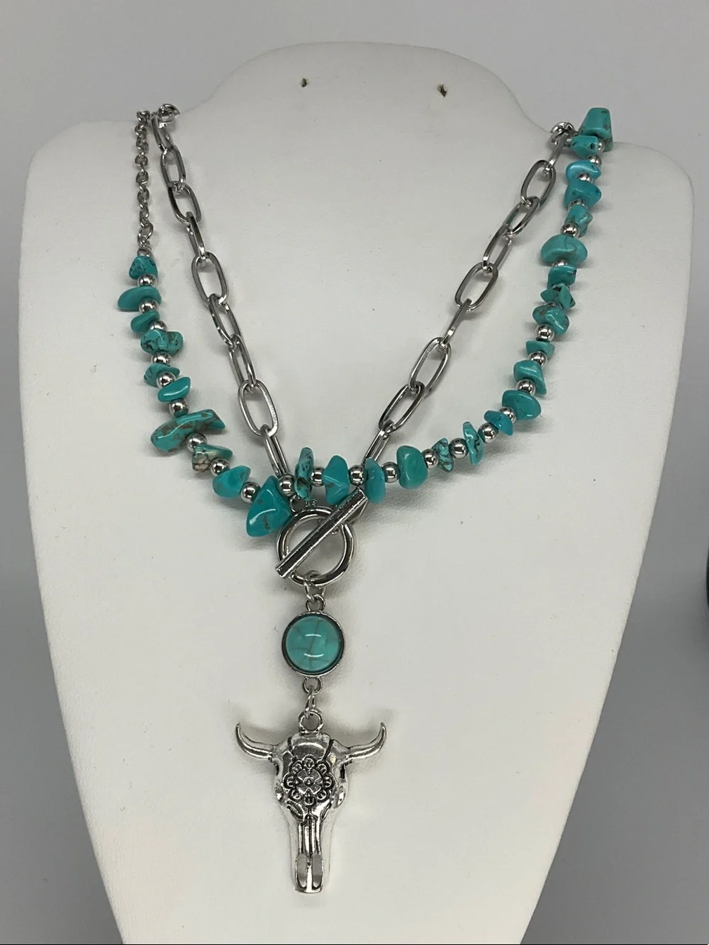 Turquoise Chip & Silver Bull Skull Layered Necklace